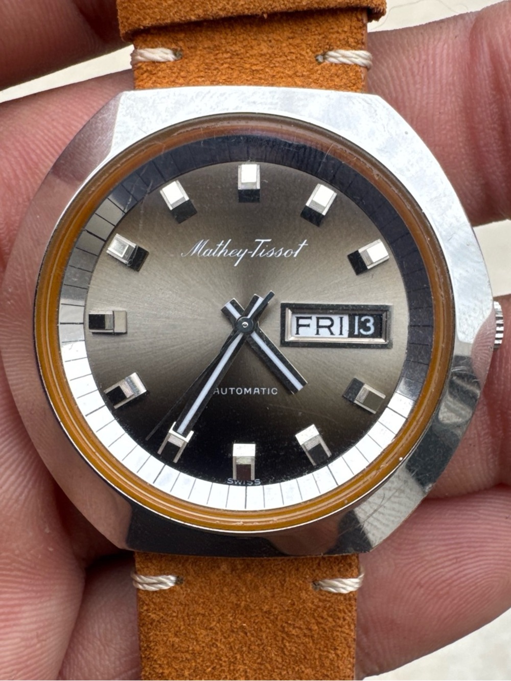 Mathey Tissot automatic Day Date watch with brown leather strap